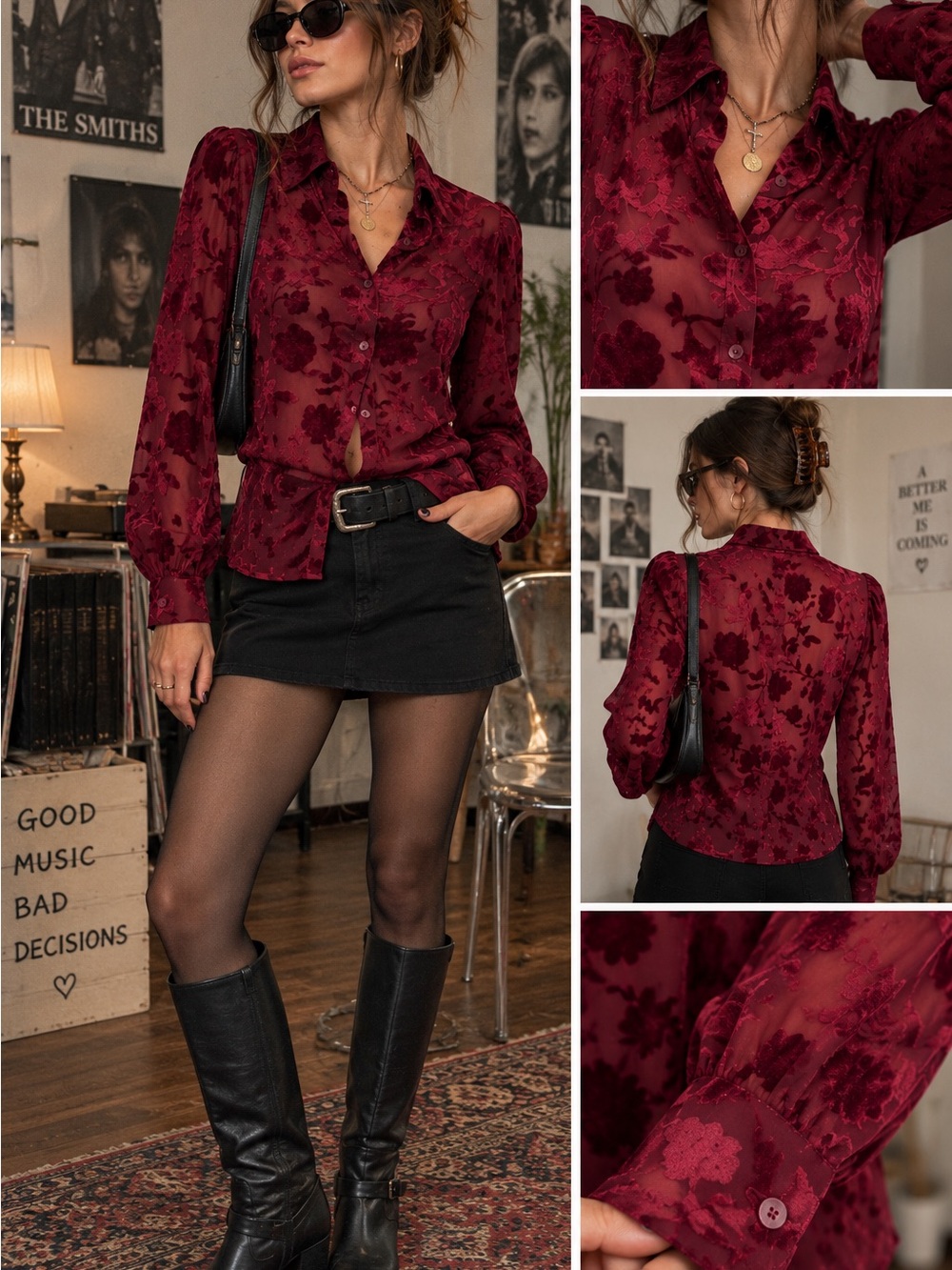 Ultra Pink Velvet Burnout Blouse S Burgundy Floral Sheer Y2K Romantic Goth